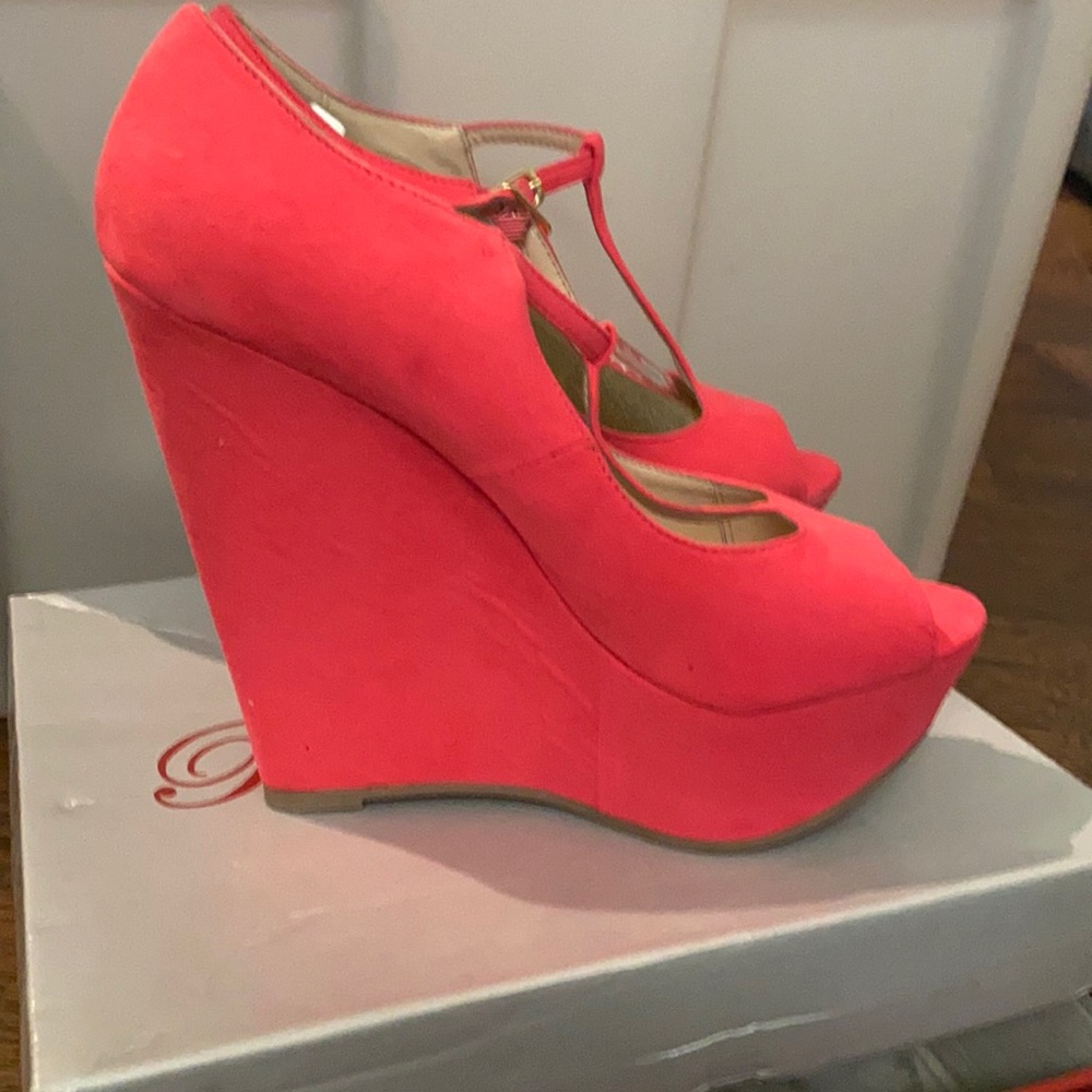 Bright pink Brekelles suede wedge heels